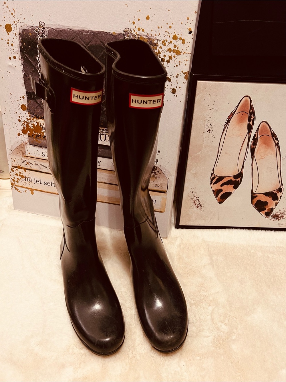 Hunter Gloss Black Tall Rain Boots Size 8